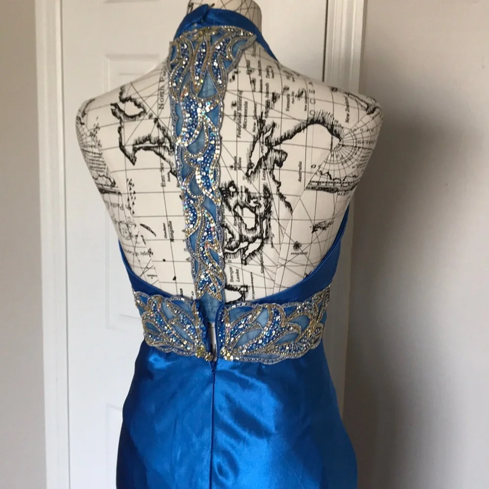 ✈️Satin Train Bead Halter Embellish Mermaid T-strap Flare Gown Wedding colorful - Picture 7 of 8